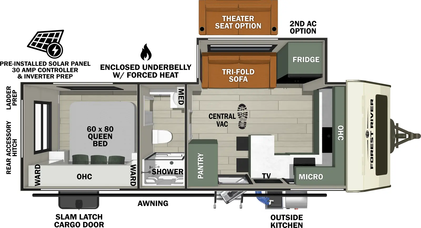 The No Boundaries NB20.5 floorplan has one entry and one slide out. Exterior features include: fiberglass exterior, 19' awning and outside kitchen. Interiors features include: front kitchen, rear bedroom and pass through bathroom.